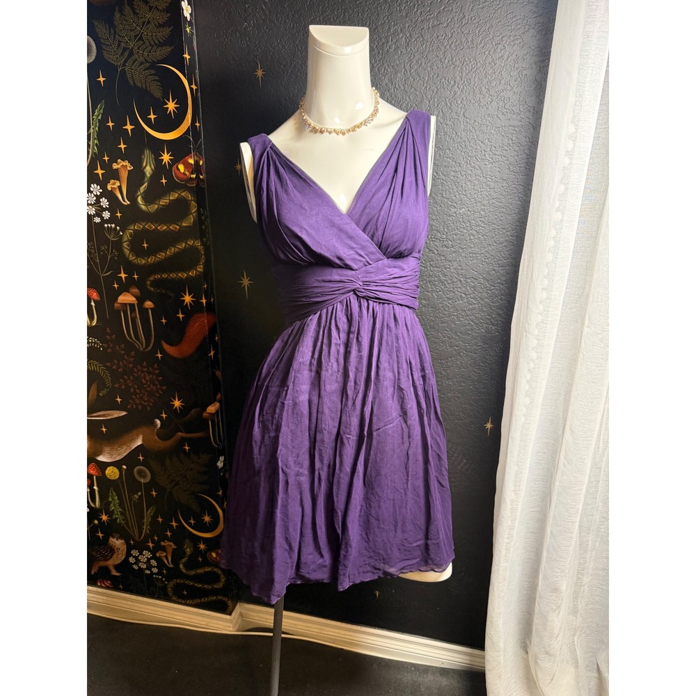 Donna Morgan Purple 100% Silk Pleated V-Neck Cocktail Mini Dress Womens 4